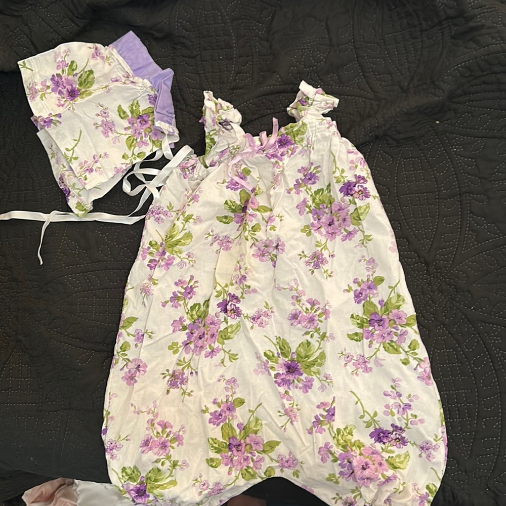 Handmade romper with matching bonnet